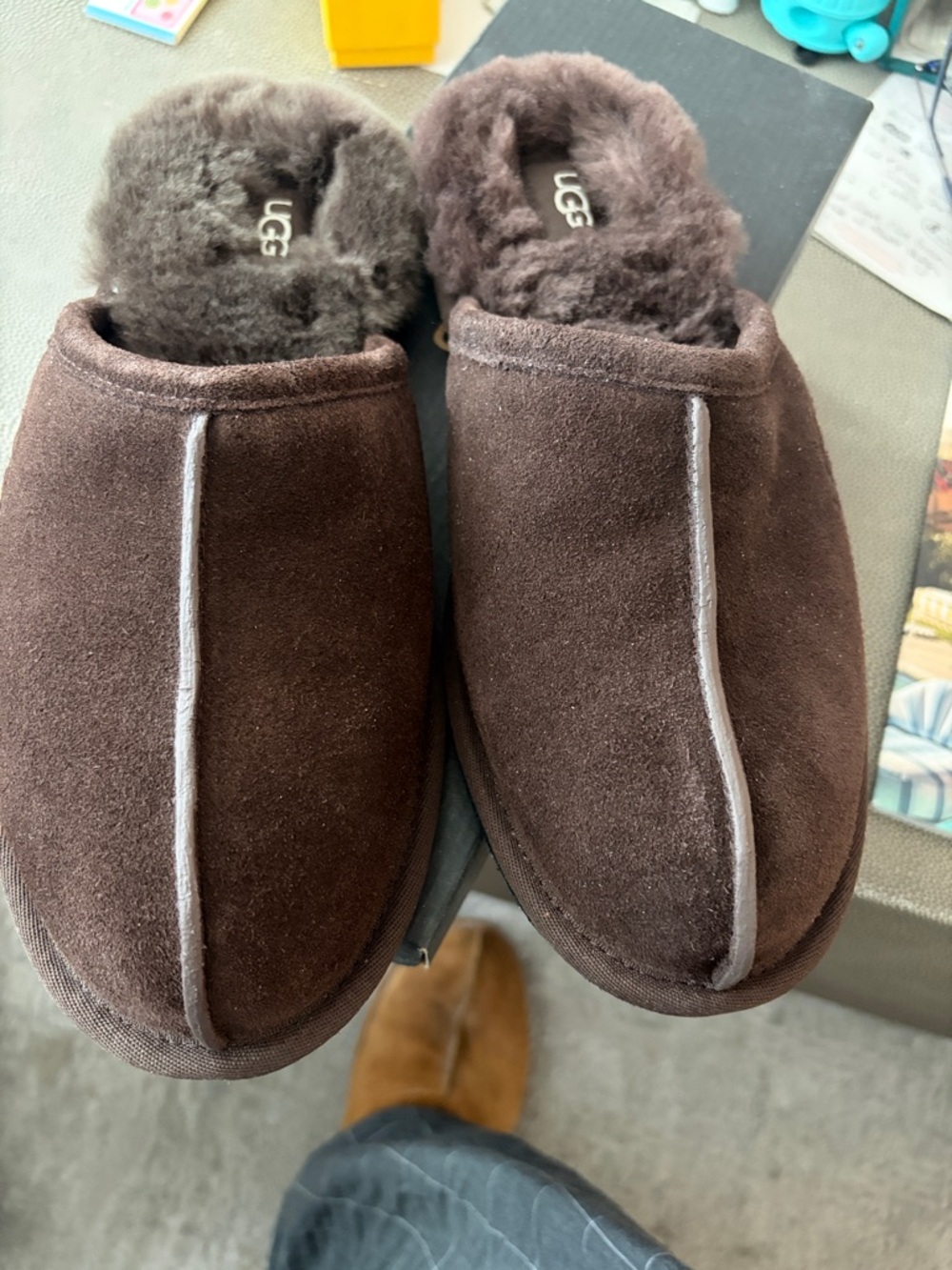UGG Men's Dark Brown Sheepskin Lined Slip-On Slippers
